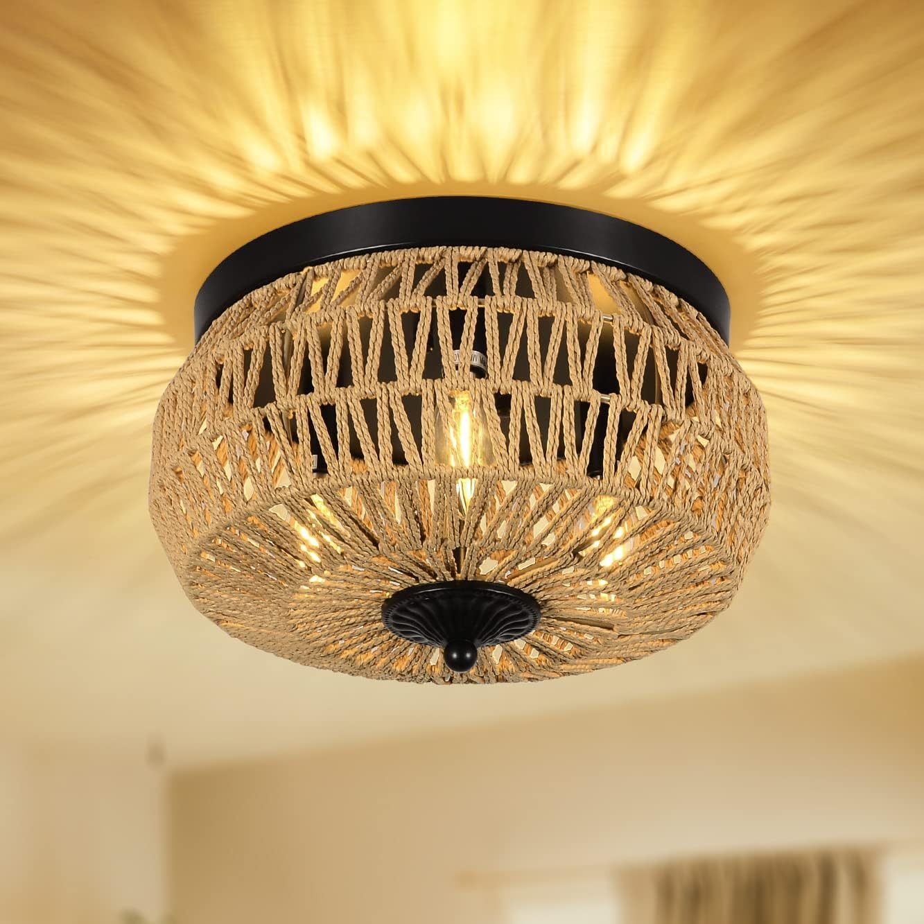 3-Light Woven Rattan Flush Mount Ceiling Fixture
