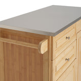 Indoor Bamboo Rolling Kitchen Island with Stainless Steel Top