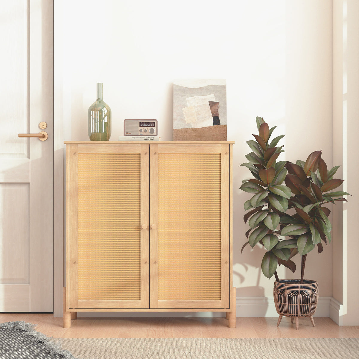 Mid-Century Modern Storage Cabinet with Woven Rattan Doors & Adjustable Shelves