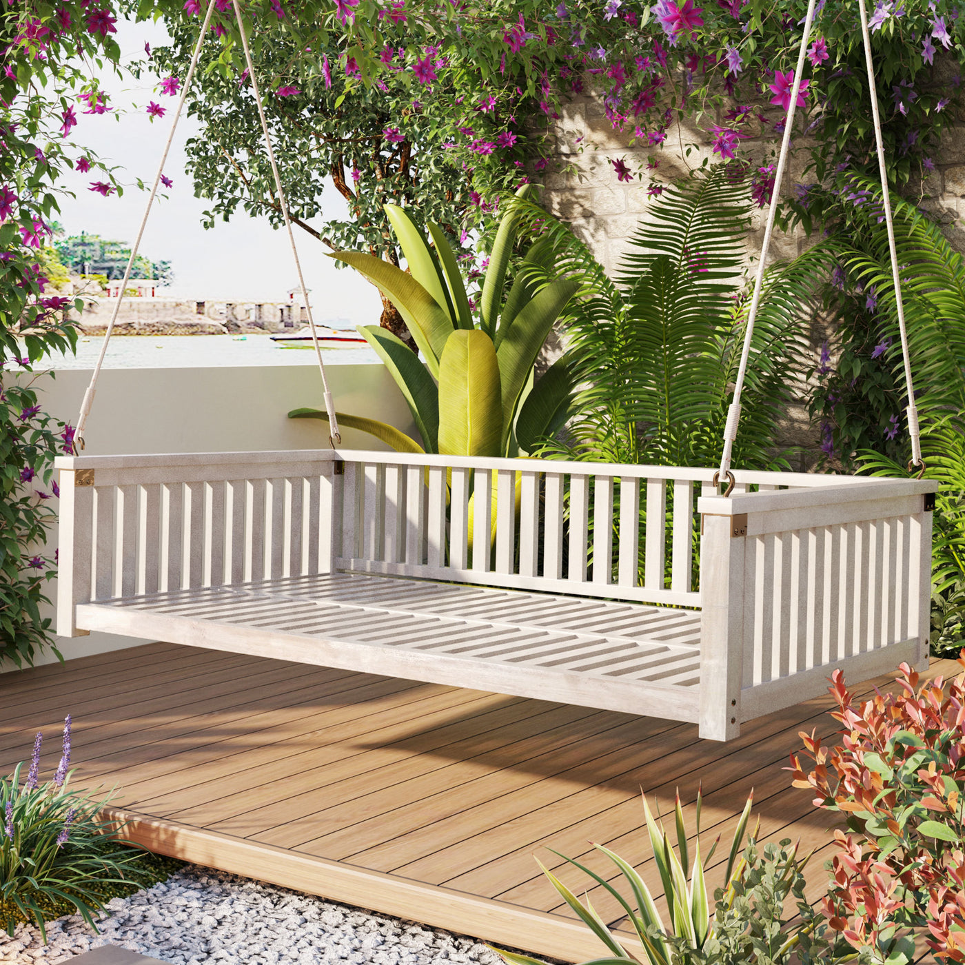 Outdoor Swing Bed Acacia Wood White Twin Size Minimalist 79.1x41.3 In 350 LB