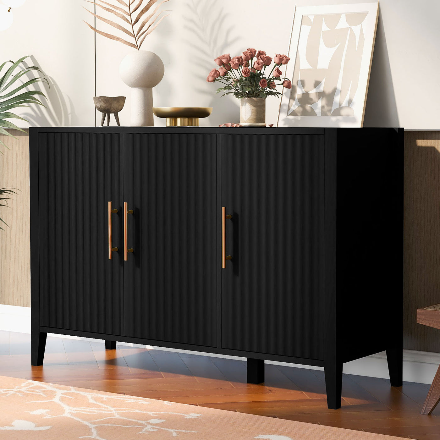 U-Style Wavy 3-Door Sideboard with Solid Pine Legs, Painted Finish Storage Cabinet with American Style for Living Room, Entryway, Kitchen, and Home Office.