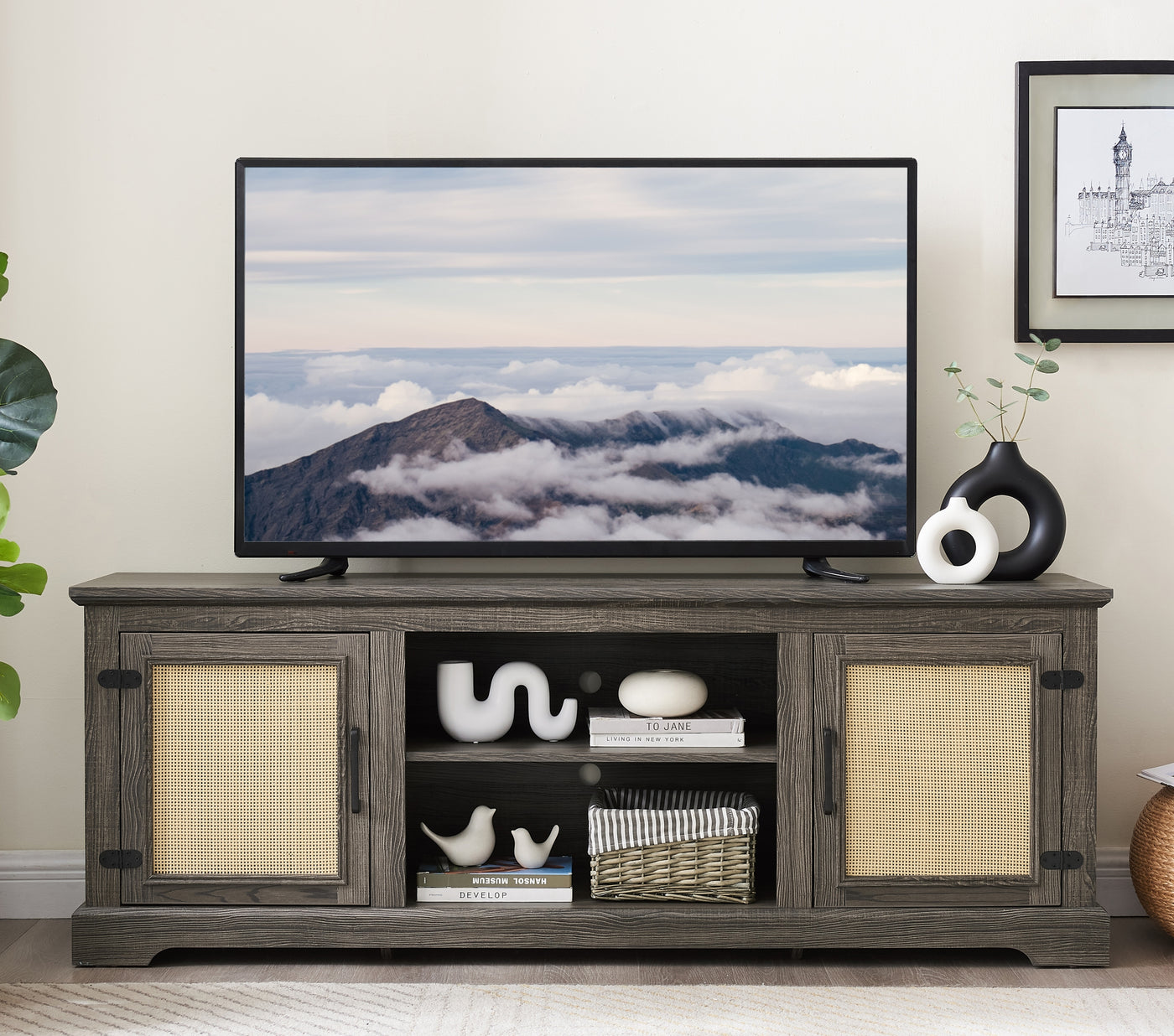 Farmhouse Rattan TV Stand Console Table 65"W Gray