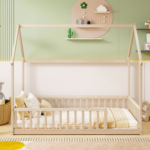 Twin Size House Floor Bed with Guardrails Pine Wood