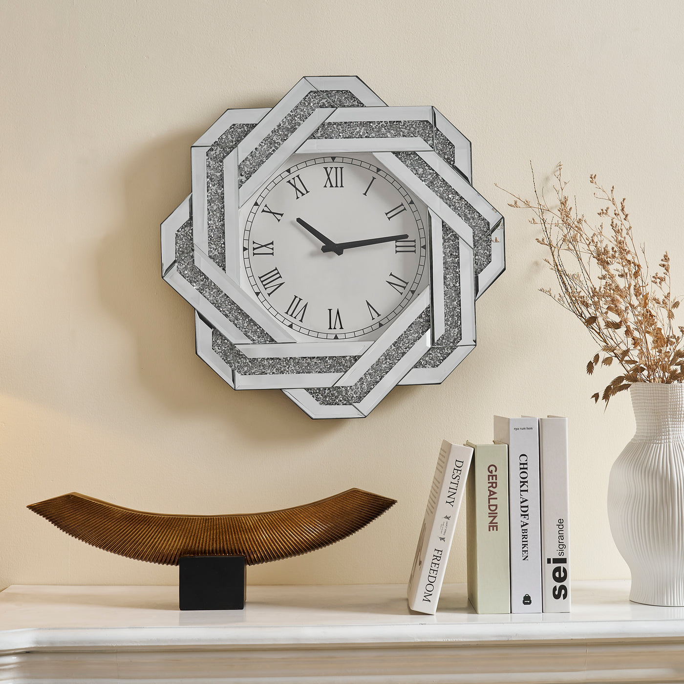 20" Silver Mirrored Wall Clock with Roman Numerals