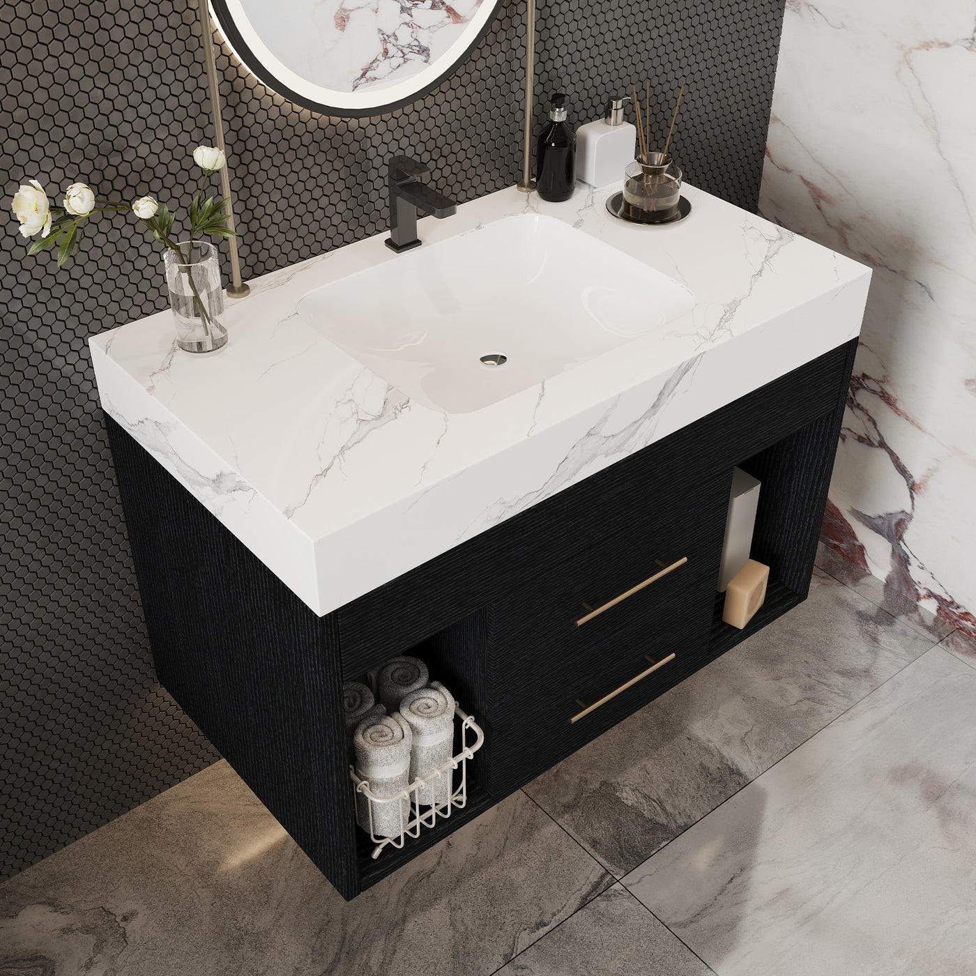 29.9' Modern Floating Bathroom Vanity with Sintered Stone Top Ceramic Undermo...