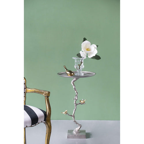 Round Aluminum Side Table Silver Branch Gold Bird 17x17x28