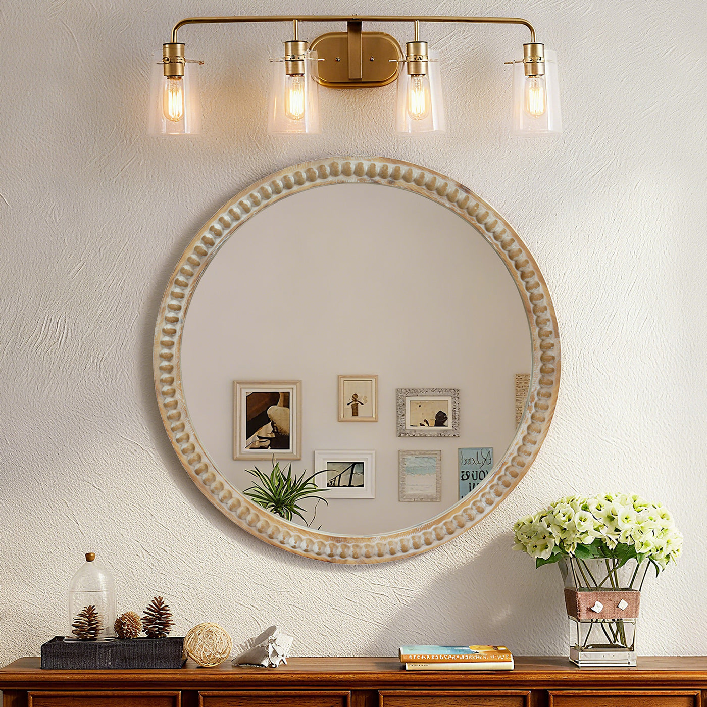 Round Distressed Wood Beaded Wall Mirror 23.62" Farmhouse