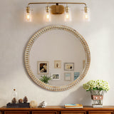 Round Distressed Wood Beaded Wall Mirror 23.62" Farmhouse