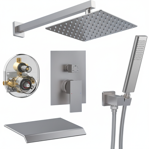 Wall Mount Rainfall Shower Faucet Set with Handheld Spray