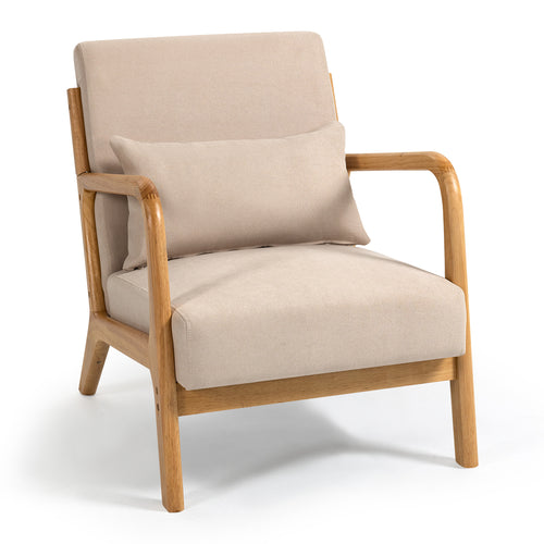 Accent Chair Mid-Century Linen Beige Solid Wood Arms and Legs 23x30x30 In