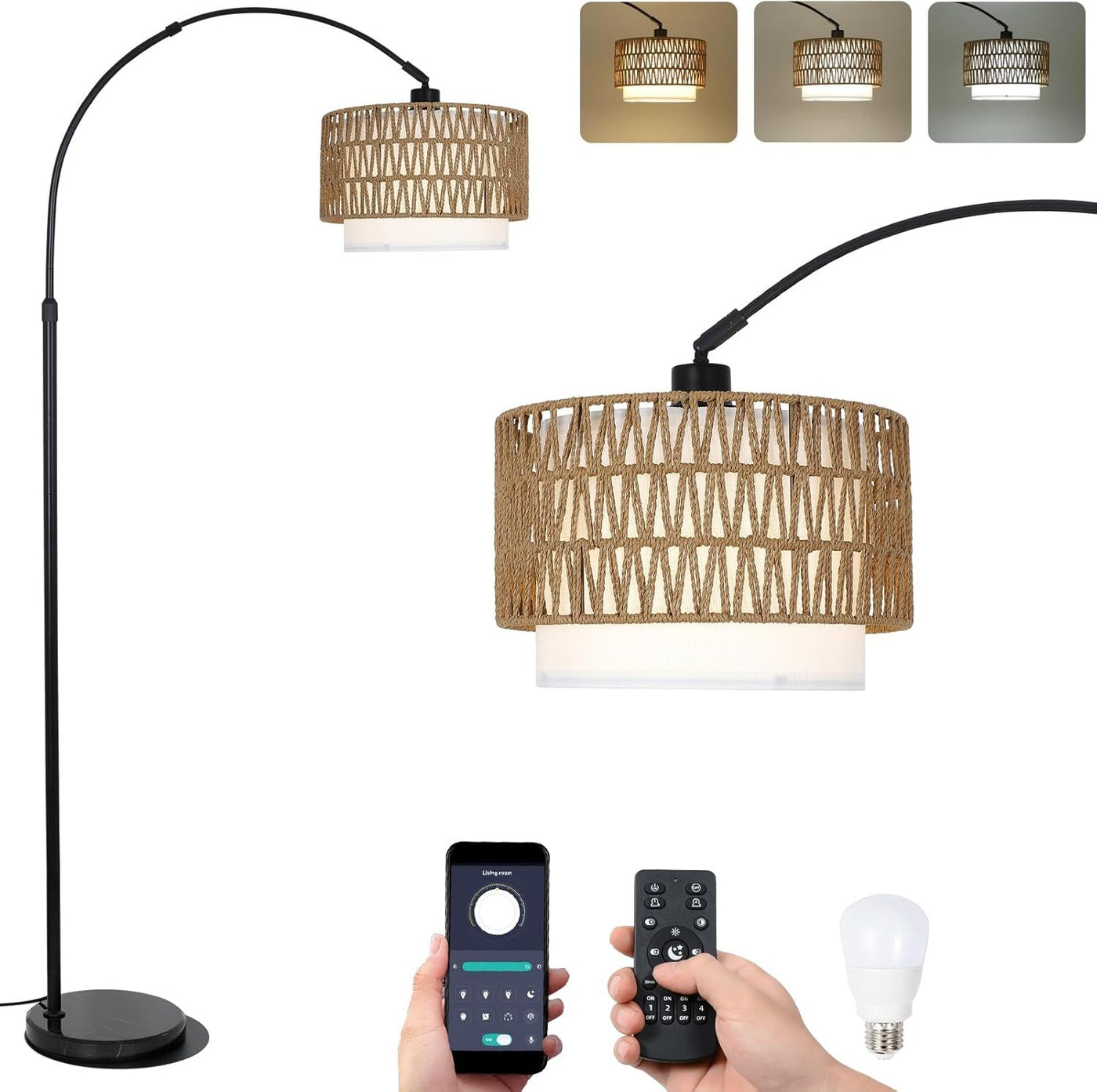 LED Arc Floor Lamp Dimmable Remote Control Boho Farmhouse