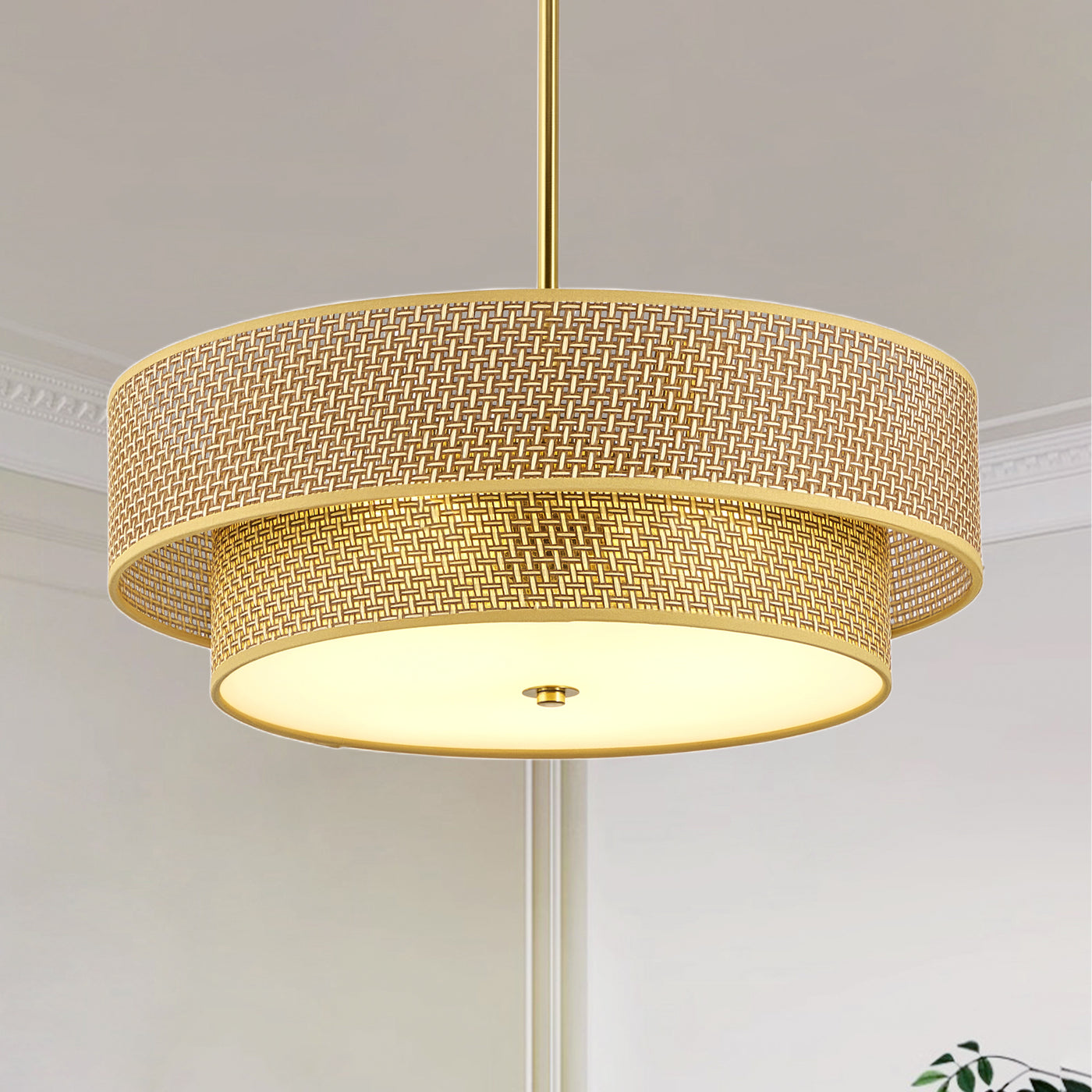 Semi Flush Mount Ceiling Light Woven Rattan Linen Boho Drum 17.7 In