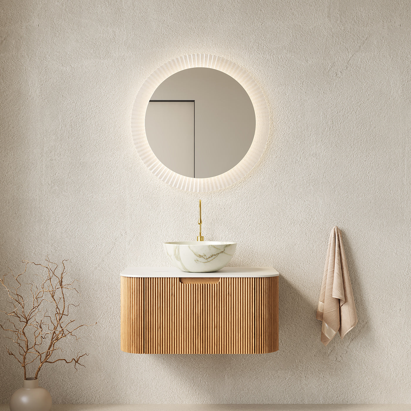 30' Bathroom Vanity&Sink, Floating Curved Edges Striped Storage Cabinet with ...