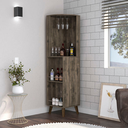 Corner Bar Cabinet - Dark Brown - Drawer, Shelves & Cup Rack