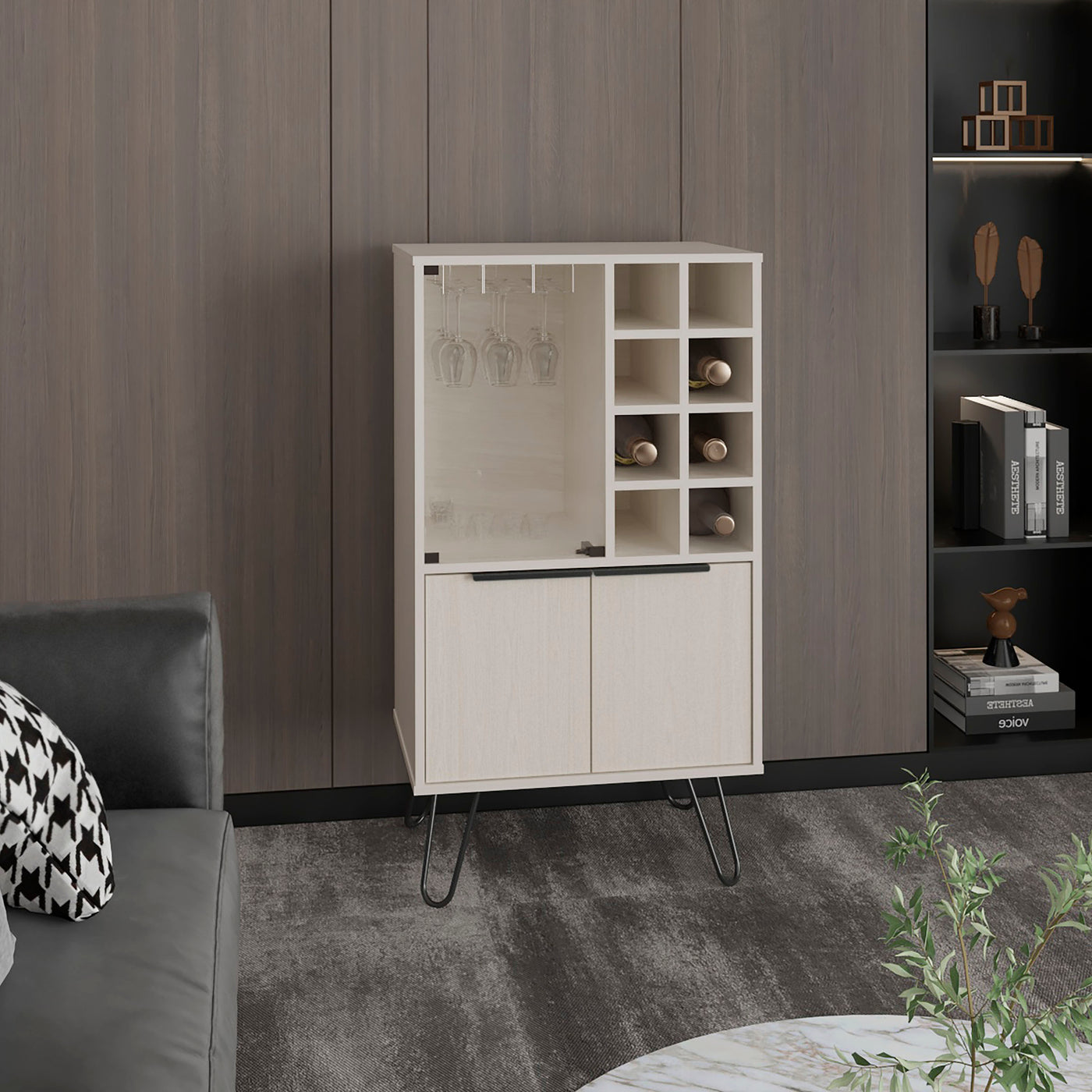 23" Double Door Bar Cabinet with Glass Compartment and Wine Cubbies