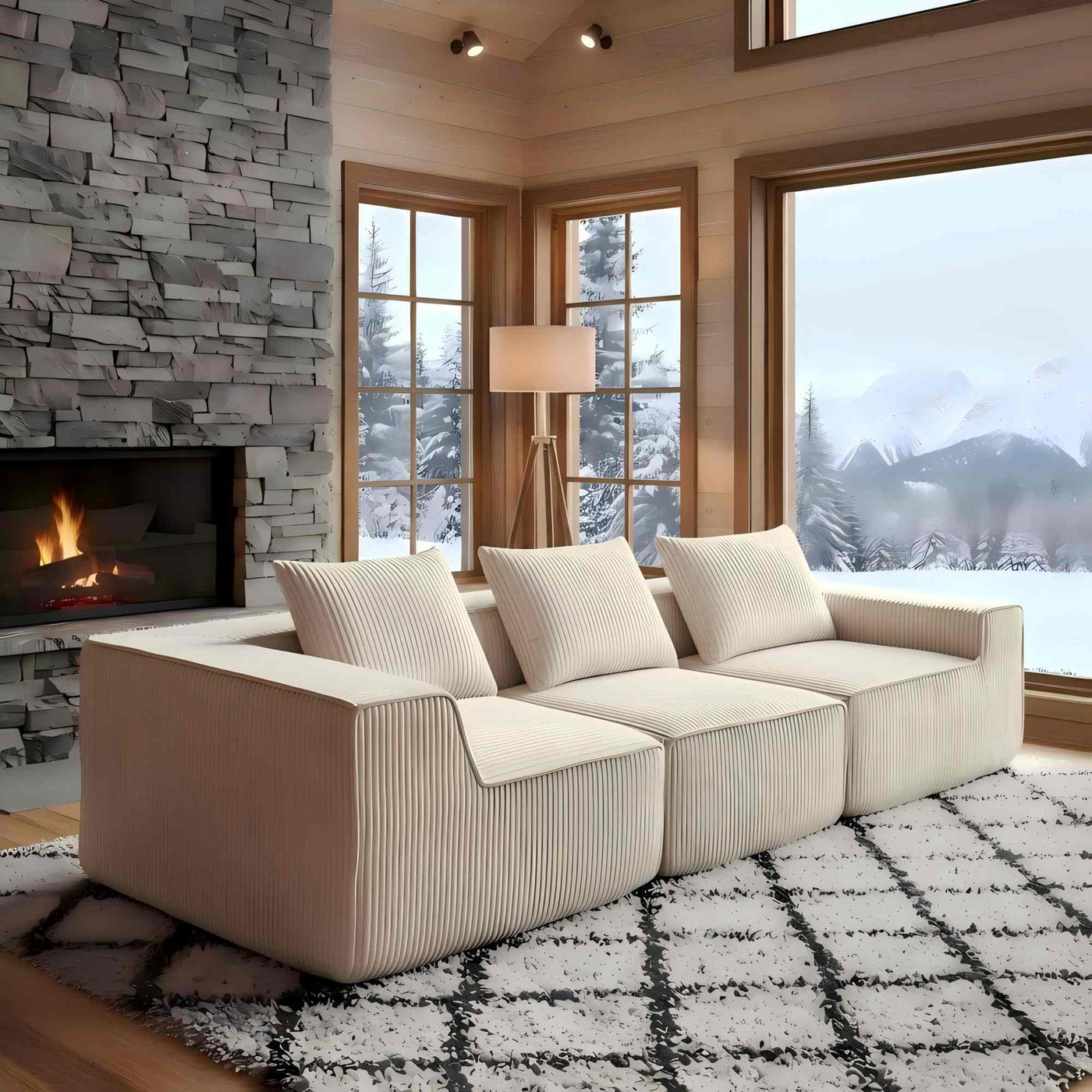 Sectional Sofa Minimalist Corduroy Beige 3 Seat 111 In