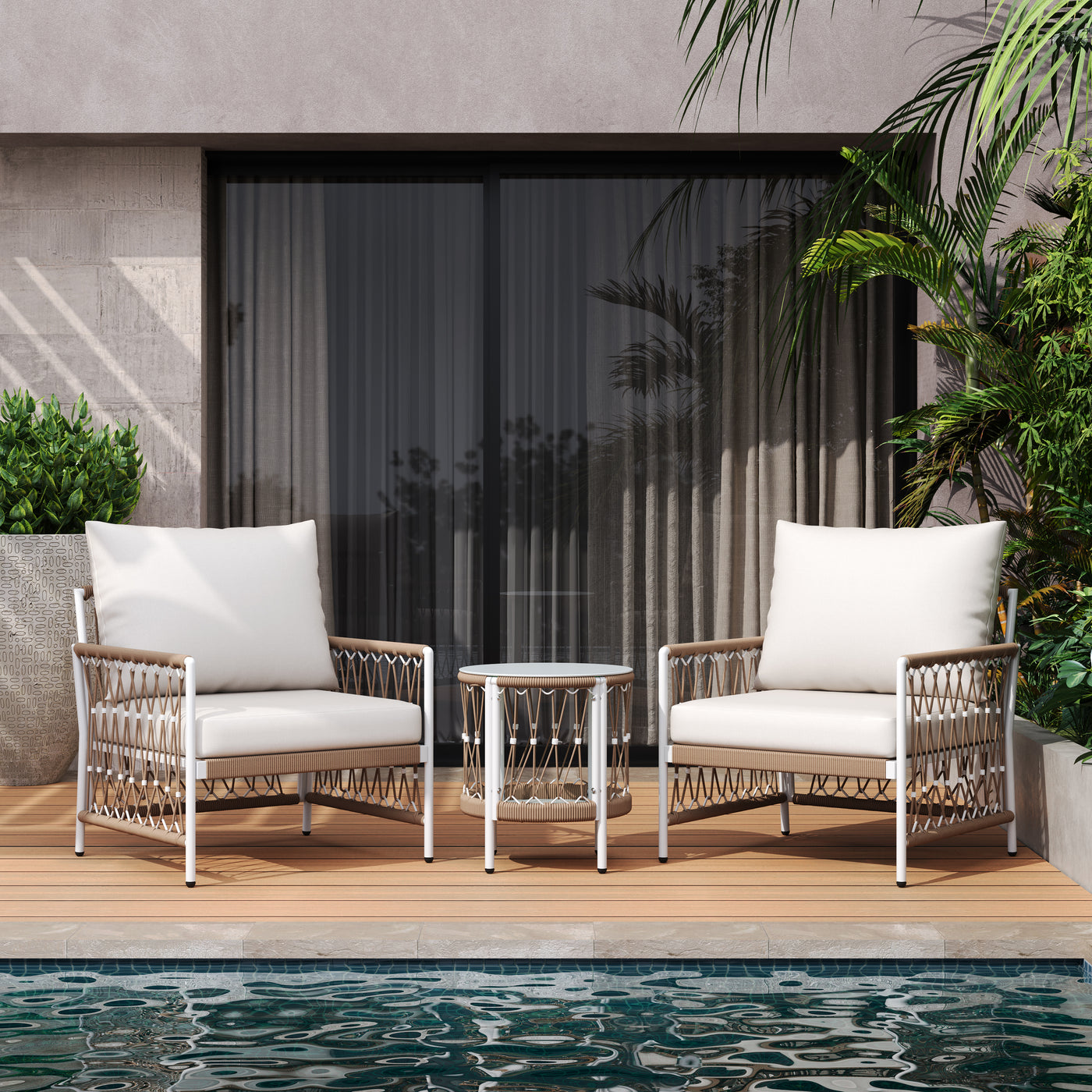 Outdoor Patio Set Bohemian Rope Steel Beige 3 Piece Glass Top Table