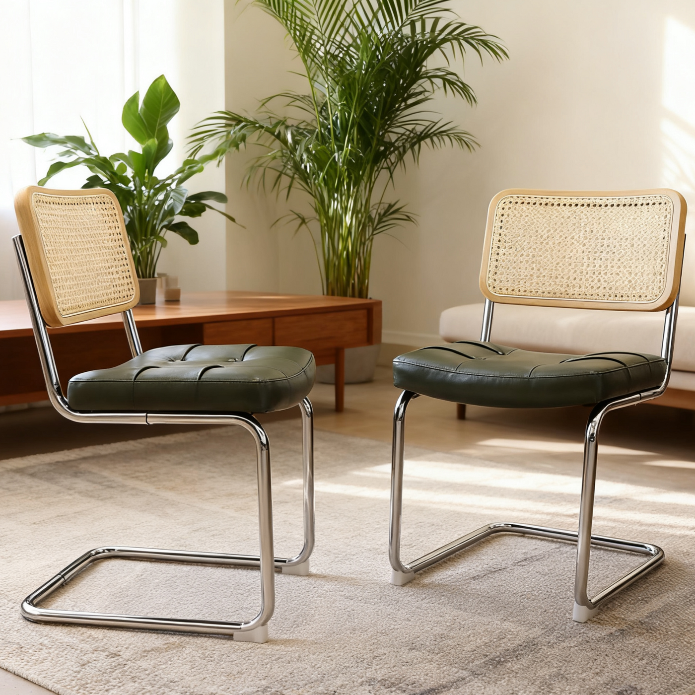 Set of 2 Faux Leather Rattan Dining Chairs with Chrome Legs