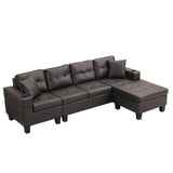 4-Seat Faux Leather Chaise Sofa with Chaise Dark Brown 96"