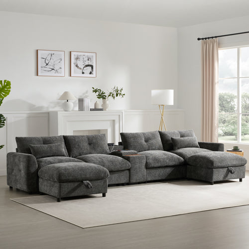 Sectional Sofa U-Shape Chenille Gray 6 Seat USB Console 136 In