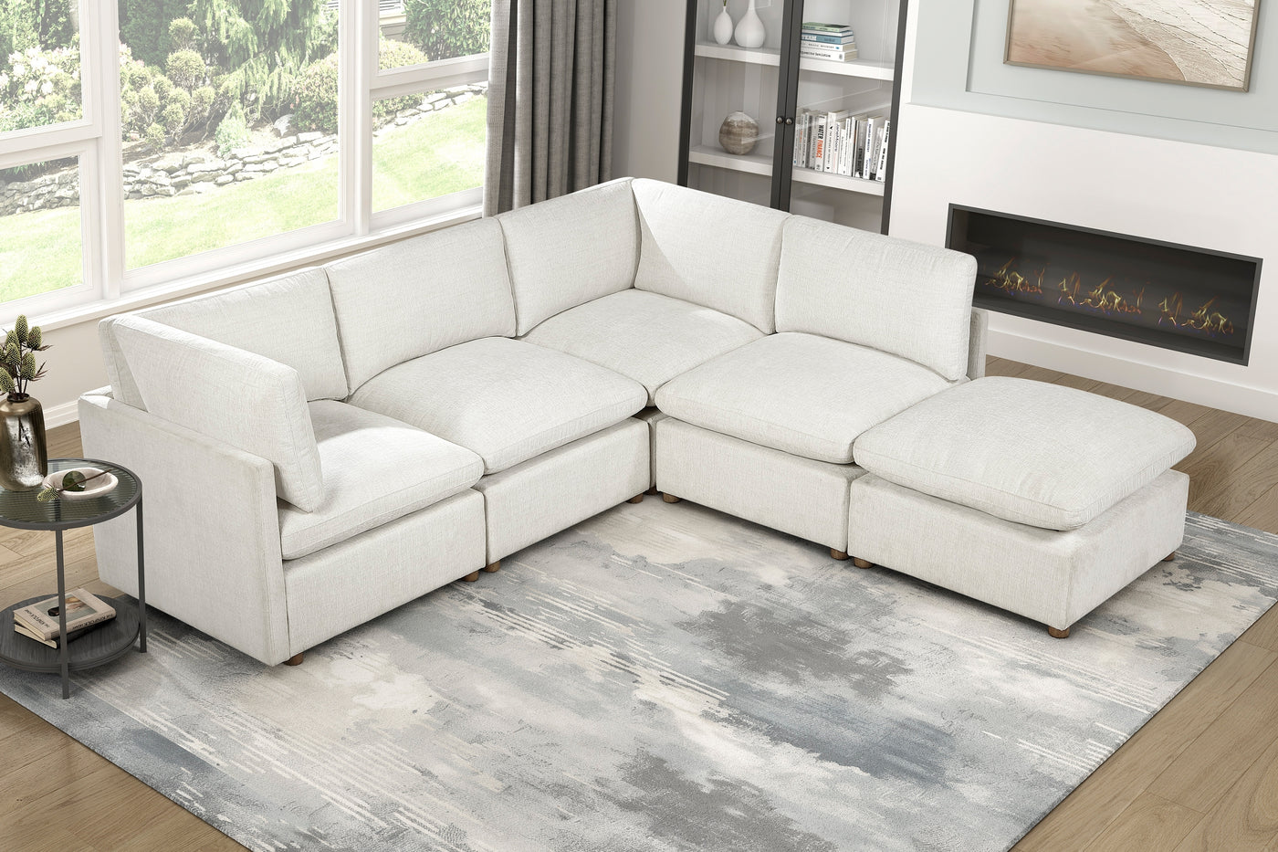 Modern Beige 5-Piece Sectional Sofa with Ottoman