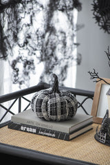 Set of 2, 7x7x7' Fabric Light Black White Plaid Pumpkin, for Holiday Halloween D