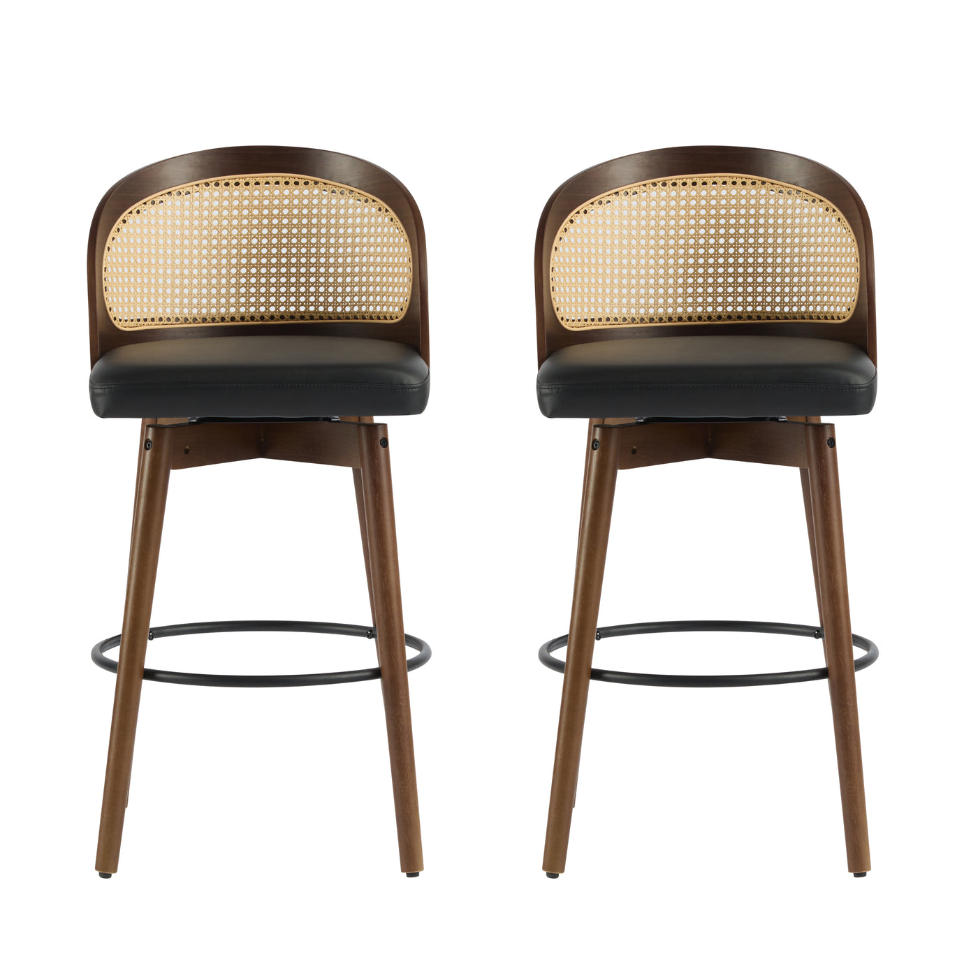 Como Indoor Wood Barstool with Black Upholstery and Dark Walnut Finish, Set of 2