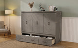 Queen Size Murphy Bed, Pine Wood Cabinet Bed with Built-in USB Charging Station and Geometrical Decoration Panel ,Grey
