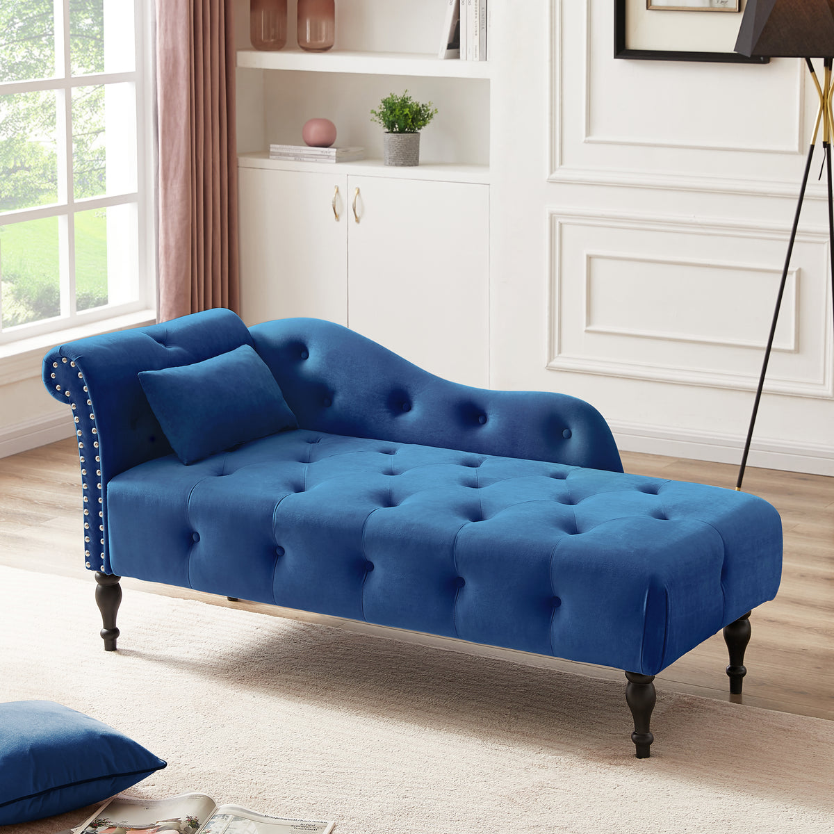 Velvet Chaise Sofa with Chaise Tufted Blue 61"