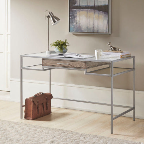 Writing Desk - Silver Metal & Tempered Glass - Single Drawer