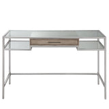 Writing Desk - Silver Metal & Tempered Glass - Single Drawer