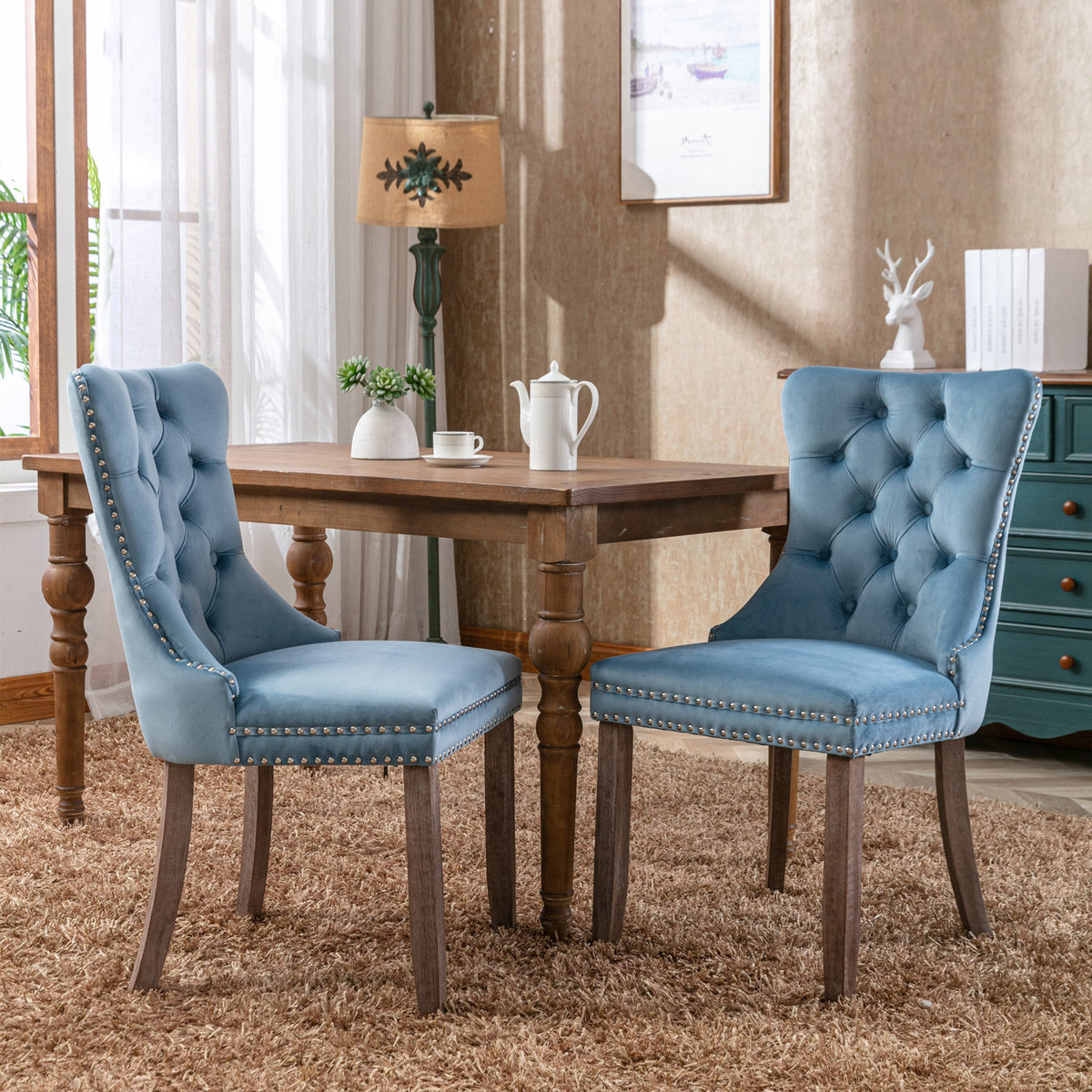 Set of 2 Velvet Dining Chair Tufted Light Blue