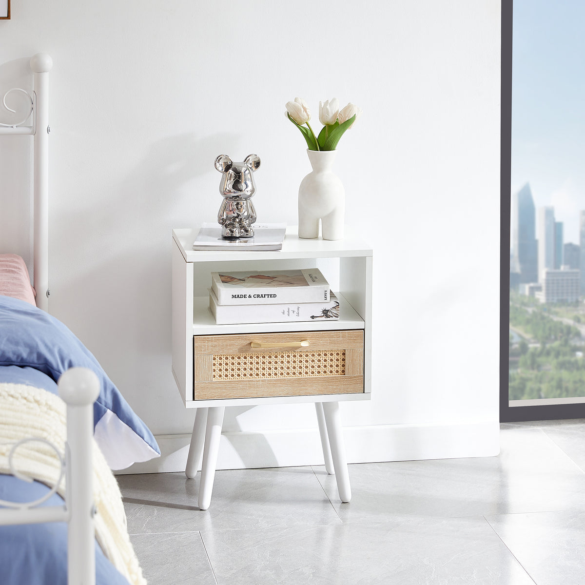 Solid Wood End Table with Storage White