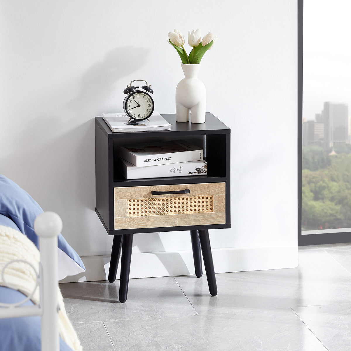 Solid Wood End Table with Storage Black