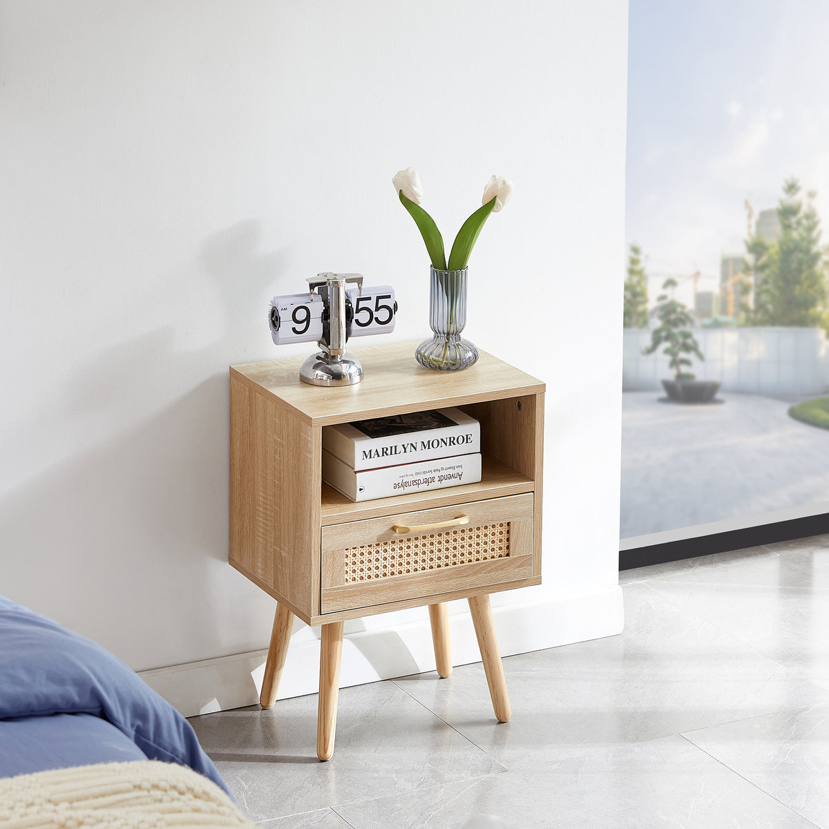 Solid Wood End Table with Storage Natural