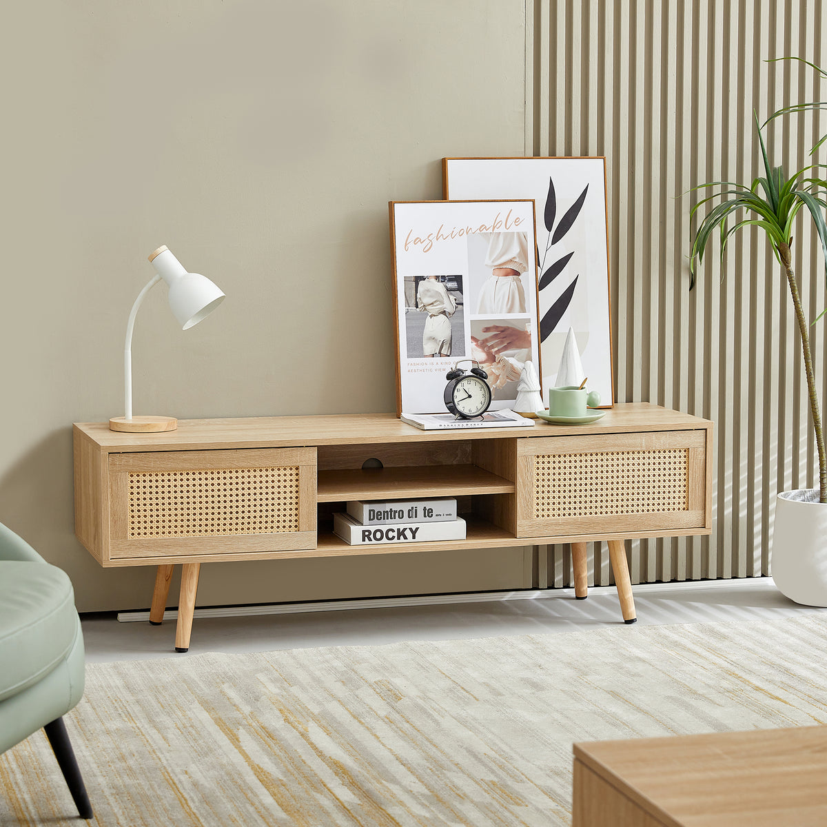 Solid Wood TV Stand with Storage Natural 55"