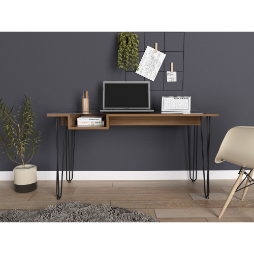 Industrial Desk - Glass Top - Metal Legs - Mahogany - One Shelf