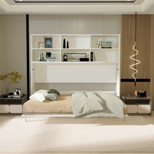 Modern Design Twin Size Horizontal Murphy Bed with Shelf Storage, White Plywood & Metal Space Saving Hidden Bed