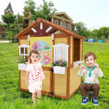 Outdoor Playhouse for Kids Wooden Cottage with Working Doors Windows Pretend Pla
