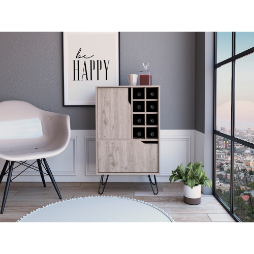 L-Shaped Bar Cabinet - 8-Bottle Wine Rack - Single Door - Light Gray
