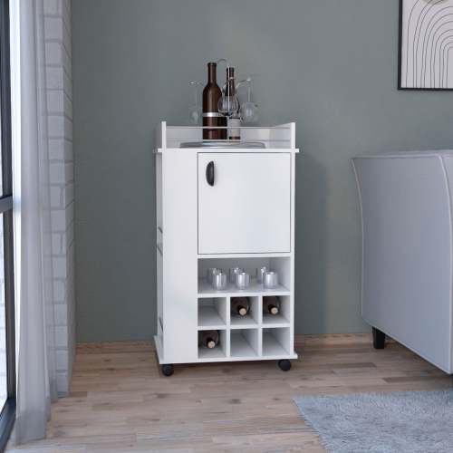 Rolling Bar Cart - White - 6-Bottle Built-In Wine Rack