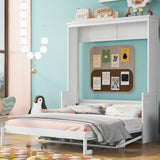 White Queen Size Murphy Bed with Shelf, Pine Wood + MDF, 80.7'' x 61'' Mattress Support
