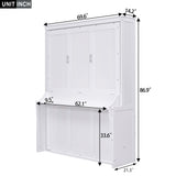 White Queen Size Murphy Bed with Shelf, Pine Wood + MDF, 80.7'' x 61'' Mattress Support