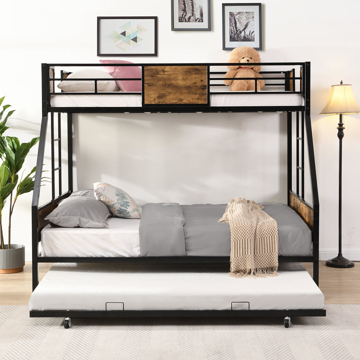 Full Engineered Wood Bunk Bed with Trundle Black/Brown
