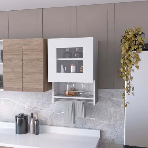Kitchen Wall Cabinet - Glass Door - White - Spice and Towel Rack