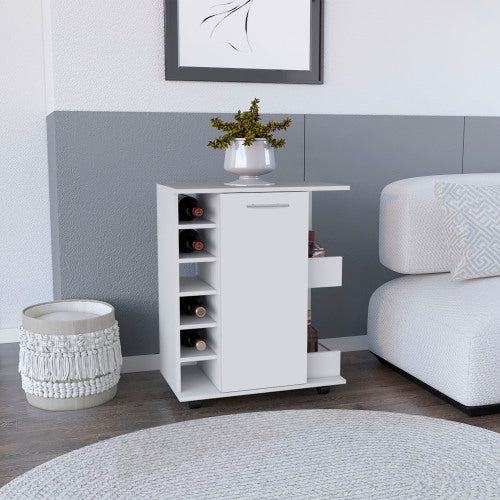 Bar Cart - White - 6 Bottle Racks - Side Shelves - Casters