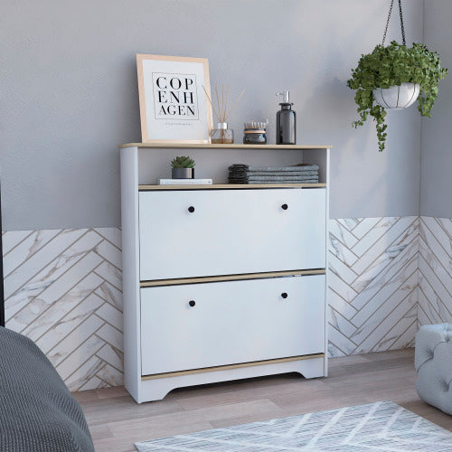 Shoe Rack - Light Oak & White - Two Extendable Shelves & Top