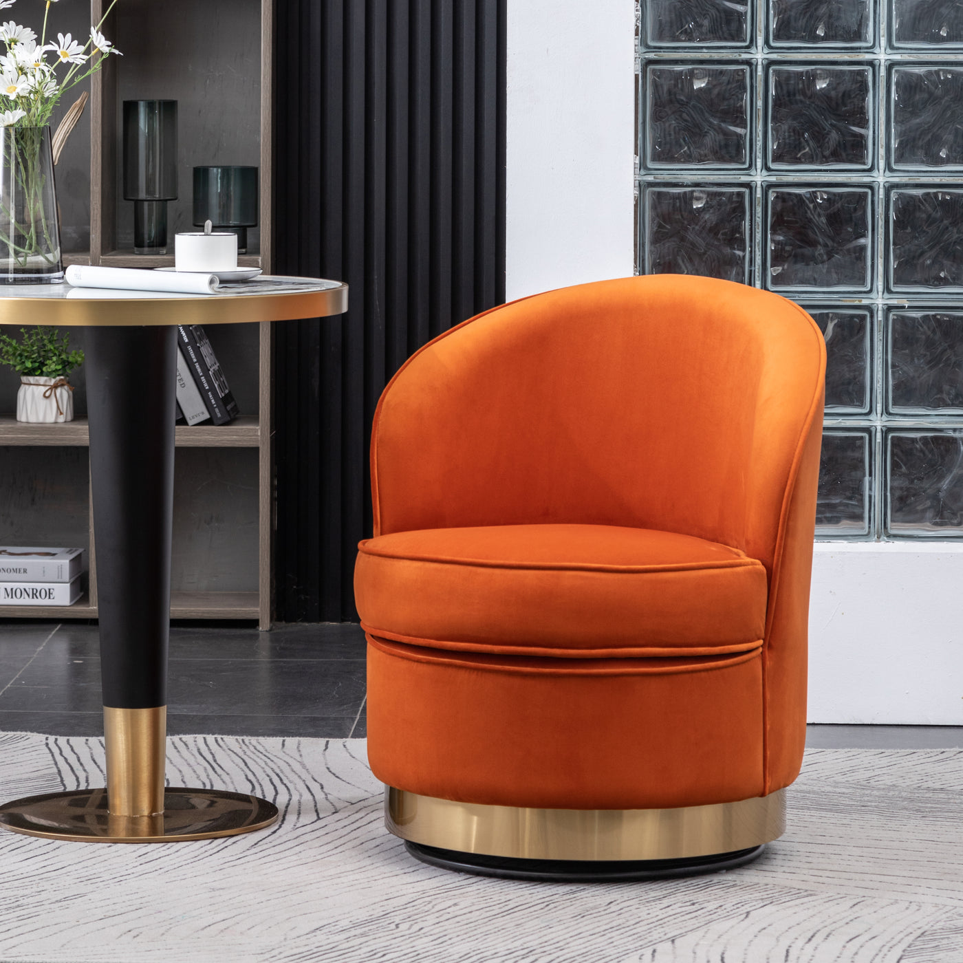 Contemporary Velvet Swivel Chair, Orange