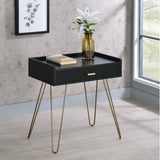 End Table - Storage Drawer - Black Wood with Gold Hairpin Legs