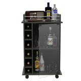 Bar Cart - Espresso - Glass Door Cabinet & 6-Bottle Rack